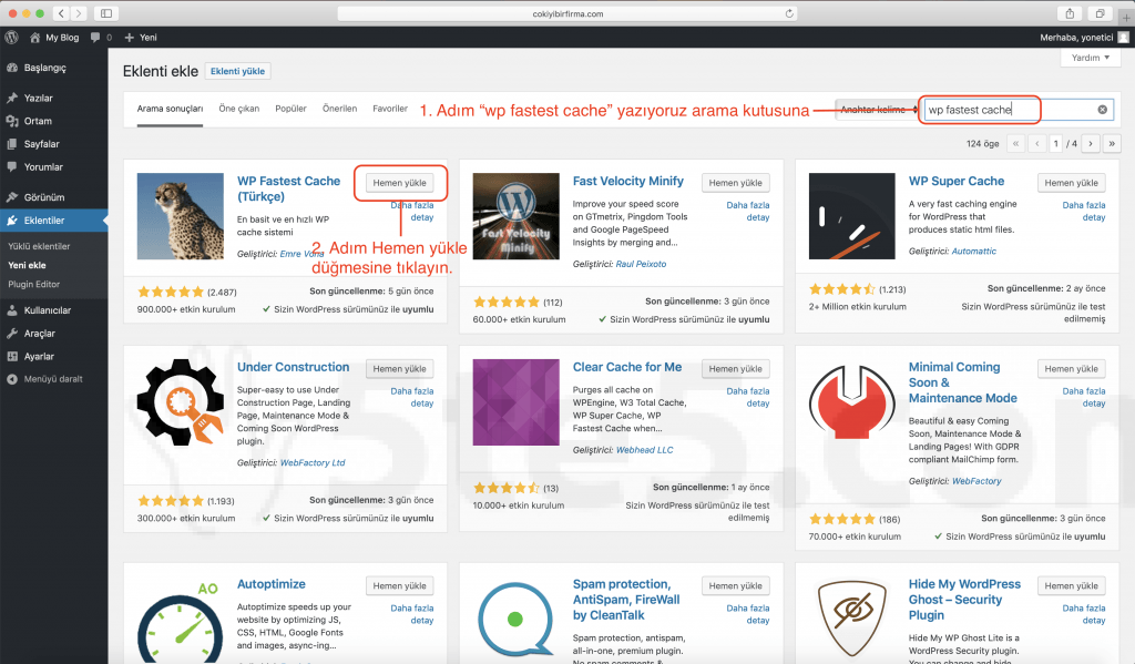 Wordpress fastest cache hemen yükle düğmesi