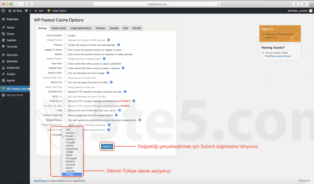 Wordpress wp fastest cache turkce yap