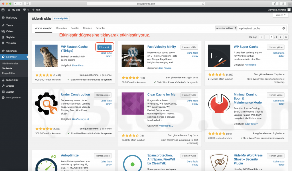 Wordpress wp fastest cache etkinlestirme
