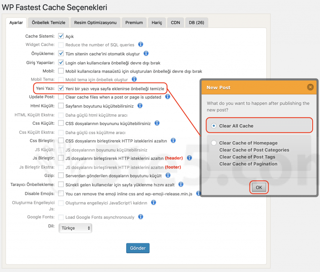 WP Fastest Cache ayarları yeni yazı seçimi