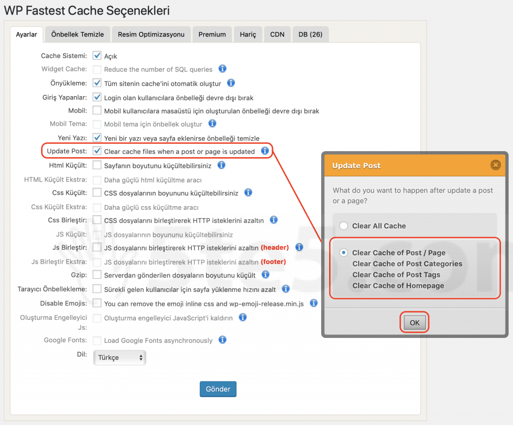 WP Fastest cache ayarlari update post secimleri