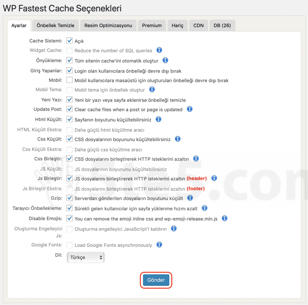WP Fastest Cache ayarlarını kayıt et