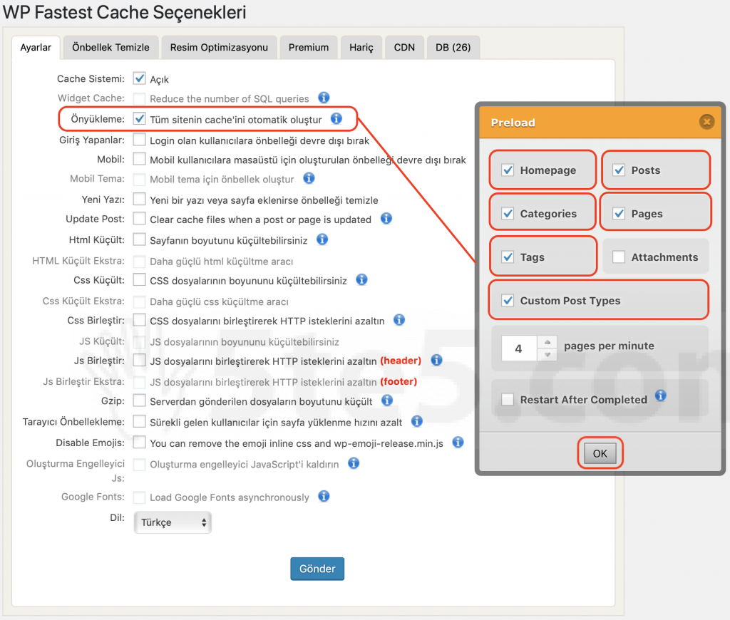 WP Fastest Ayarları ön yükleme seçeneği